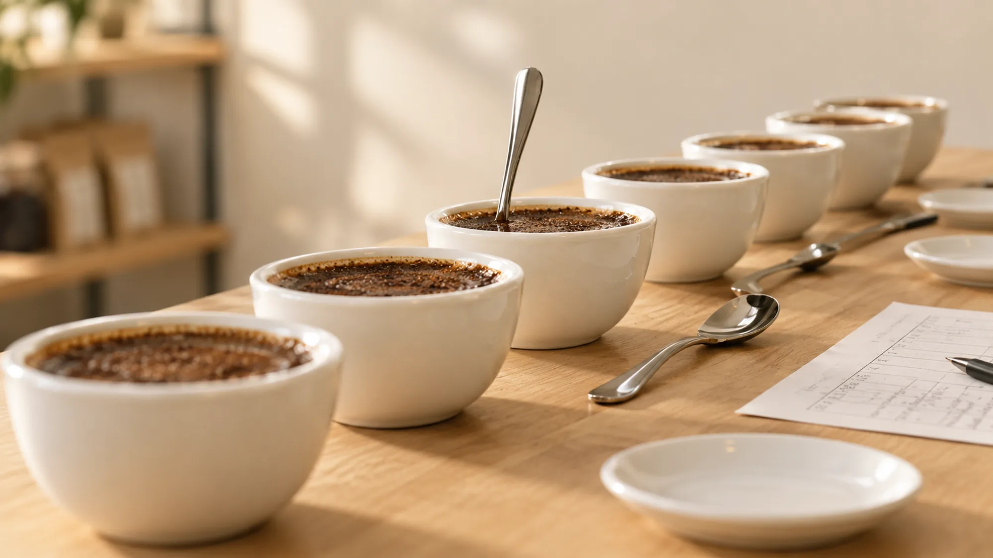 Cupping masası, altı kase ve kaşıklar